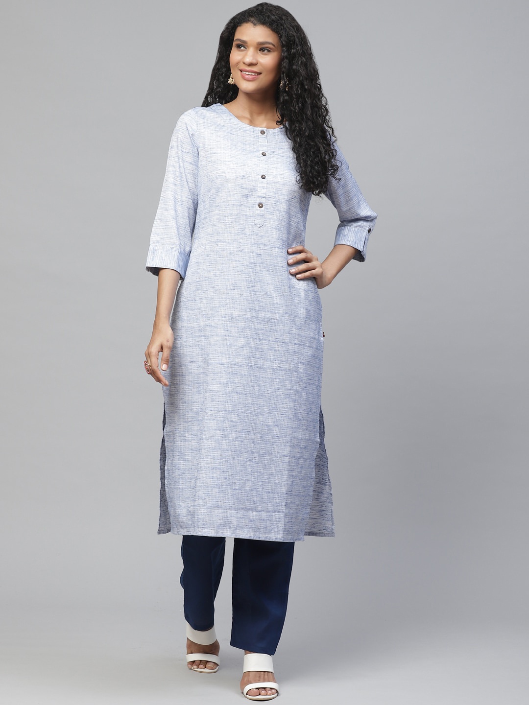 

KSUT Women Blue Checked Jute Silk A-Line Handloom Kurta