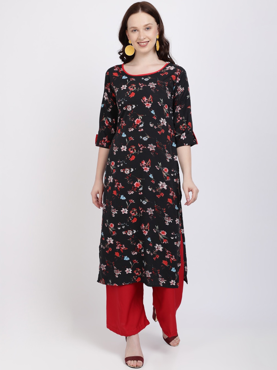 

Florence Women Black Floral Printed Crepe Kurta