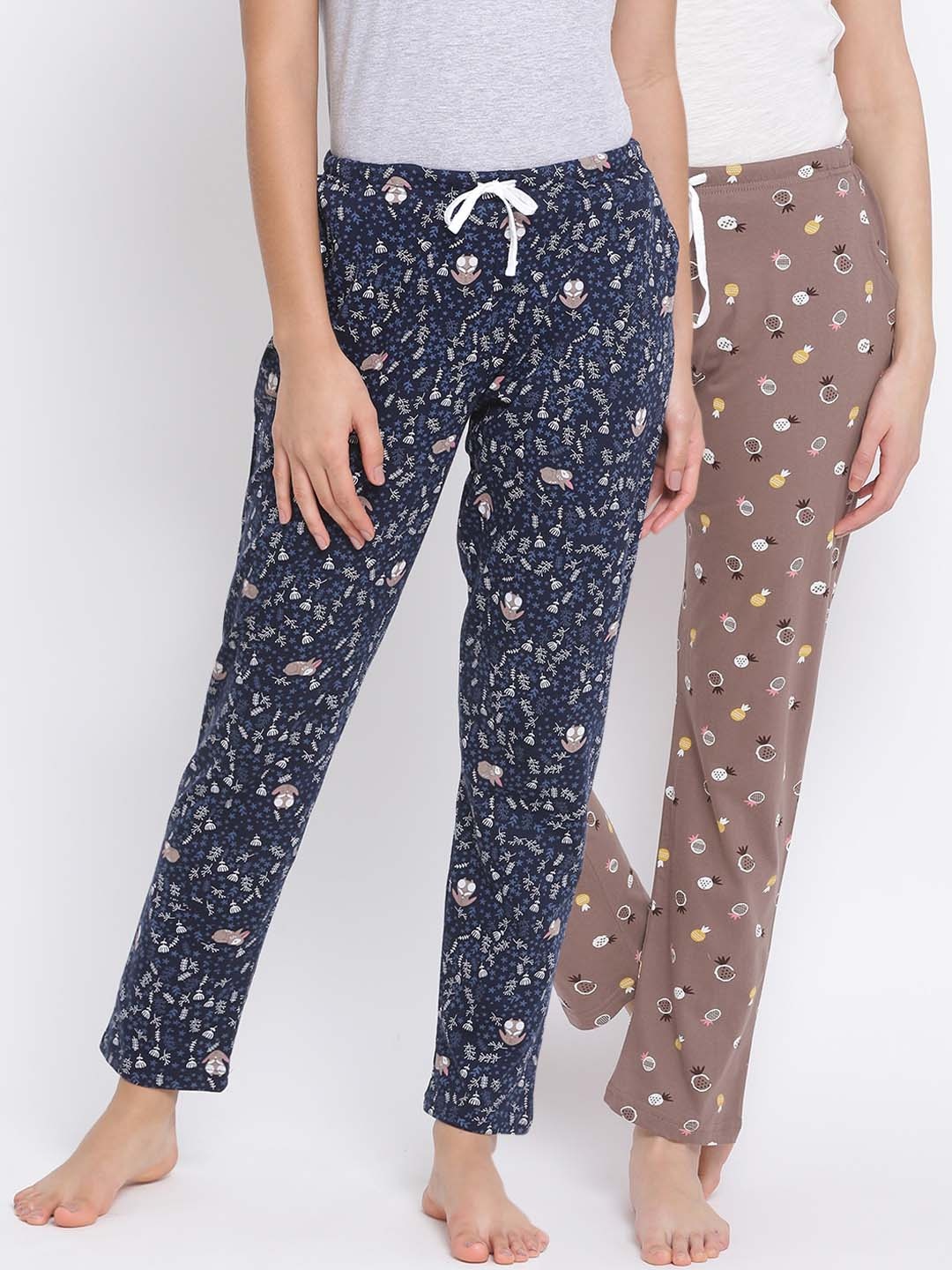 

Kanvin Women Pack of 2 Printed Pure Cotton Lounge Pants, Brown