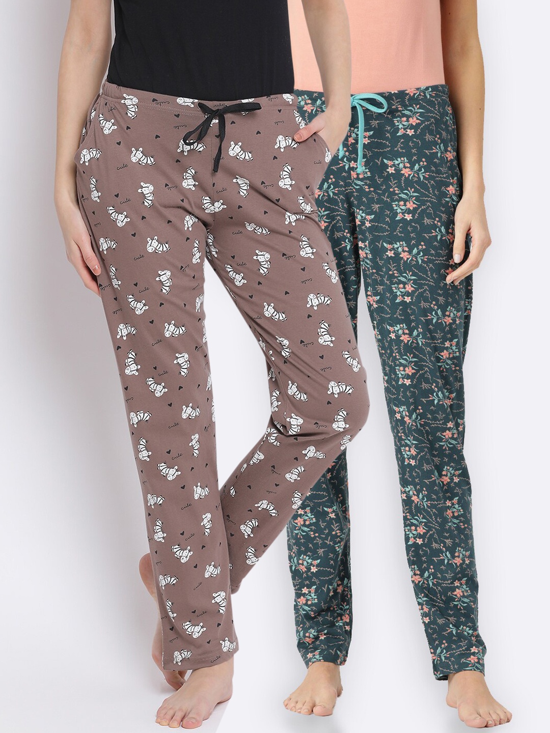 

Kanvin Women Pack Of 2 Printed Pure Cotton Lounge Pants, Brown