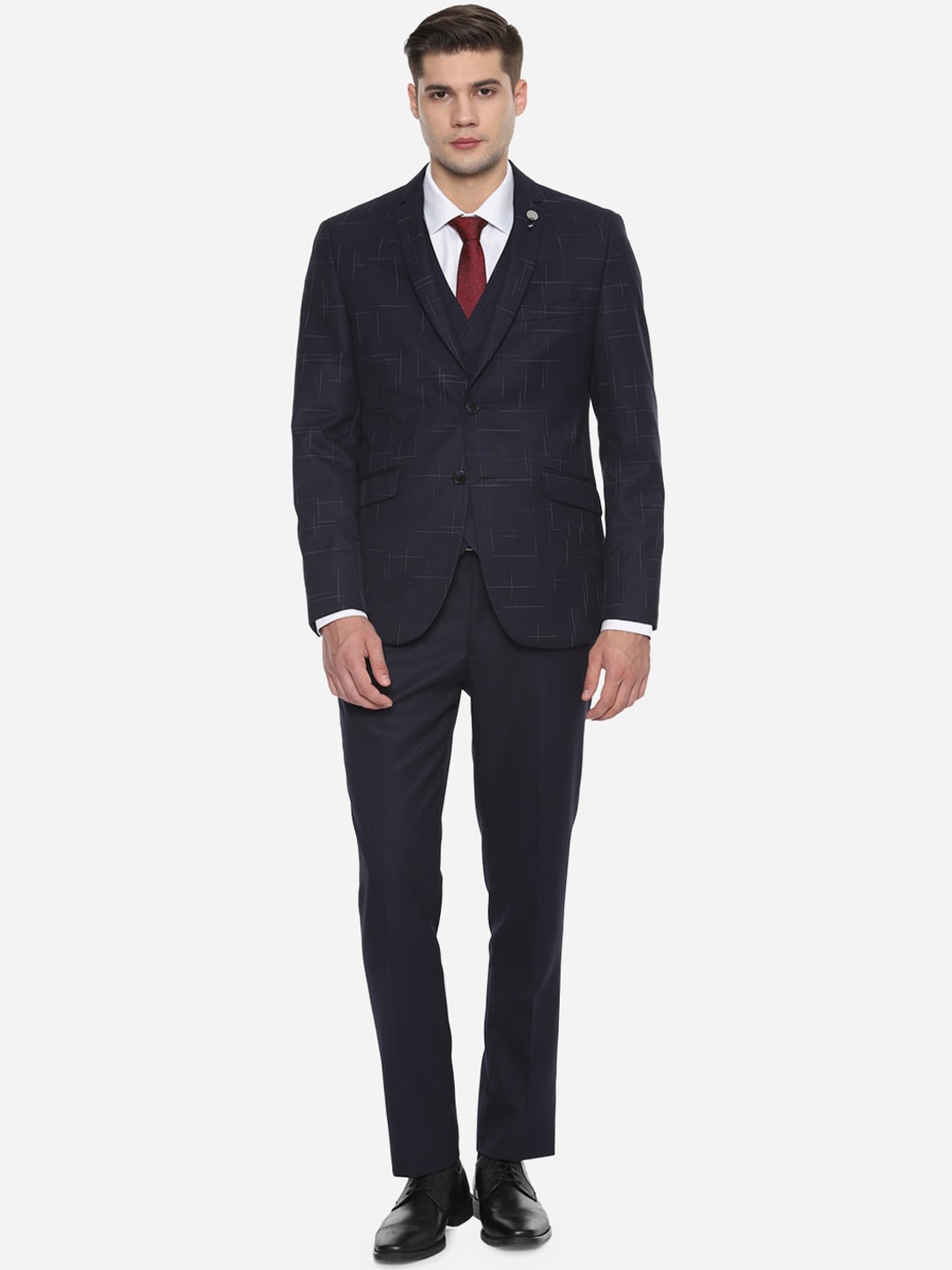 

V Dot Men Navy Blue Slim-Fit Single-Breasted 3-Piece Formal Suit
