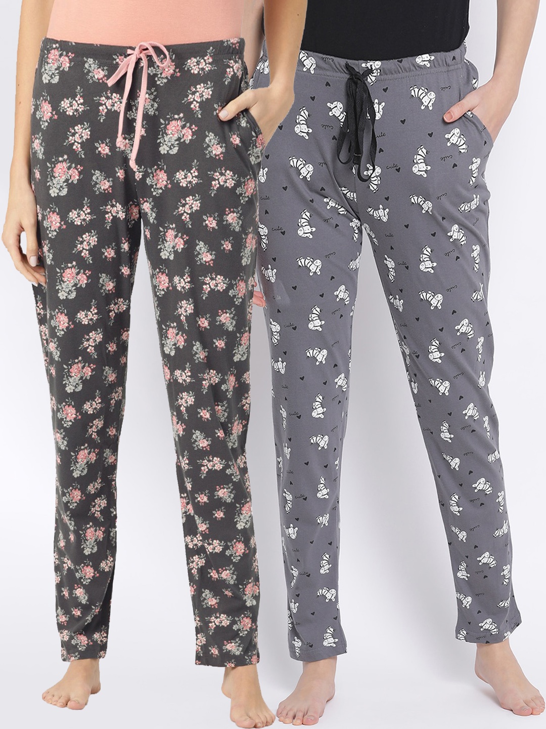 

Kanvin Women Pack Of 2 Printed Pure Cotton Lounge Pants, Grey