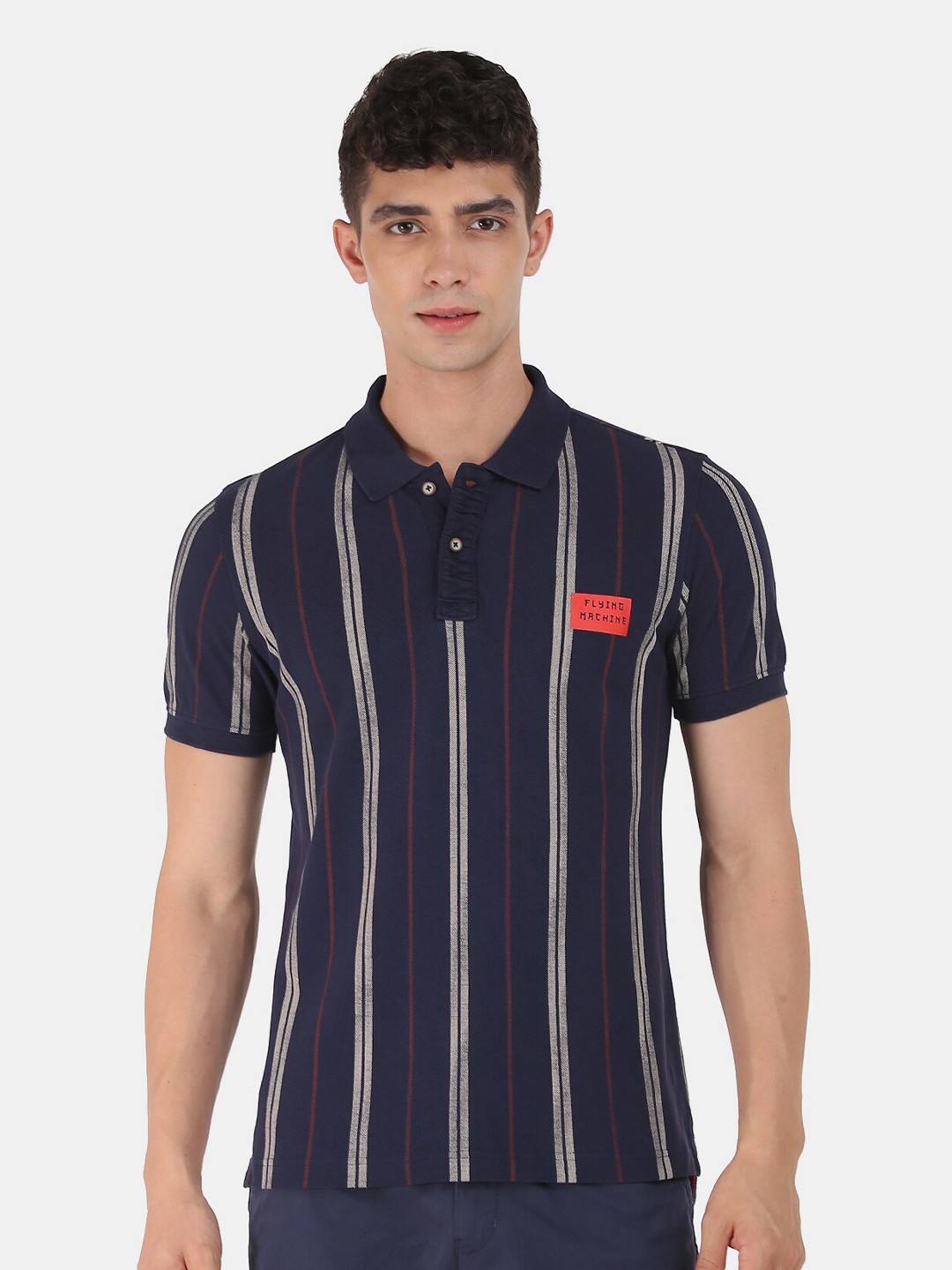 

Flying Machine Men Navy Blue Grey Striped Pure Cotton Polo Collar Pure Cotton T-shirt