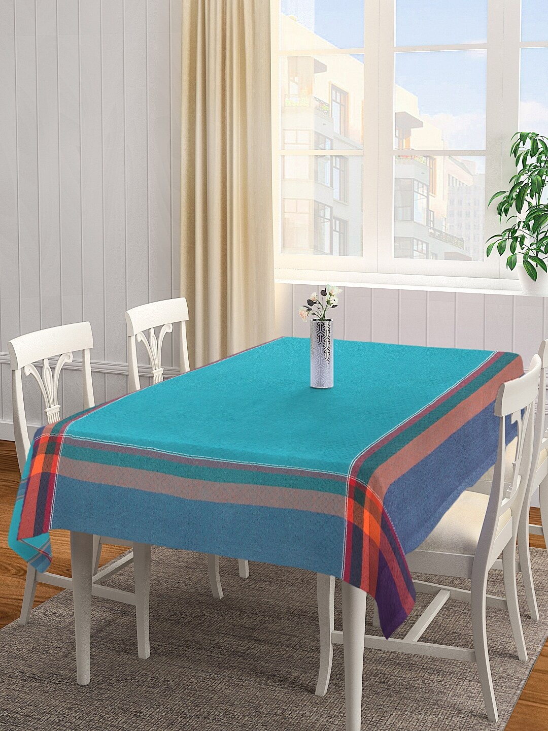 

KLOTTHE Turquoise Blue & Orange Woven-Design Rectangular 6-Seater Cotton Table Cover