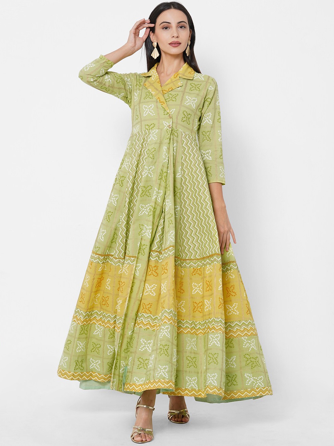 

FASHOR Green & White Ethnic Motifs Ethnic Maxi Dress