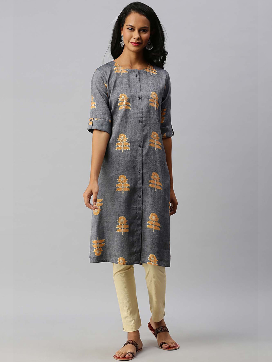 

Soch Women Grey & Orange Ethnic Motifs Printed Straight Kurta