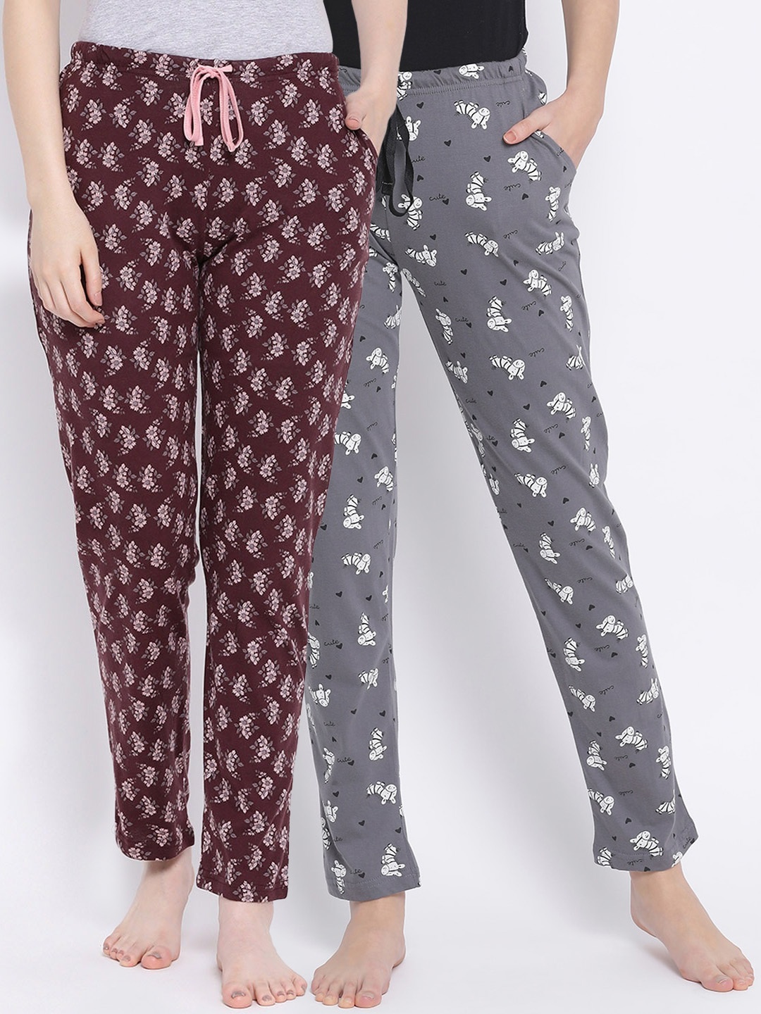 

Kanvin Women Pack Of 2 Printed Pure Cotton Lounge Pants, Grey