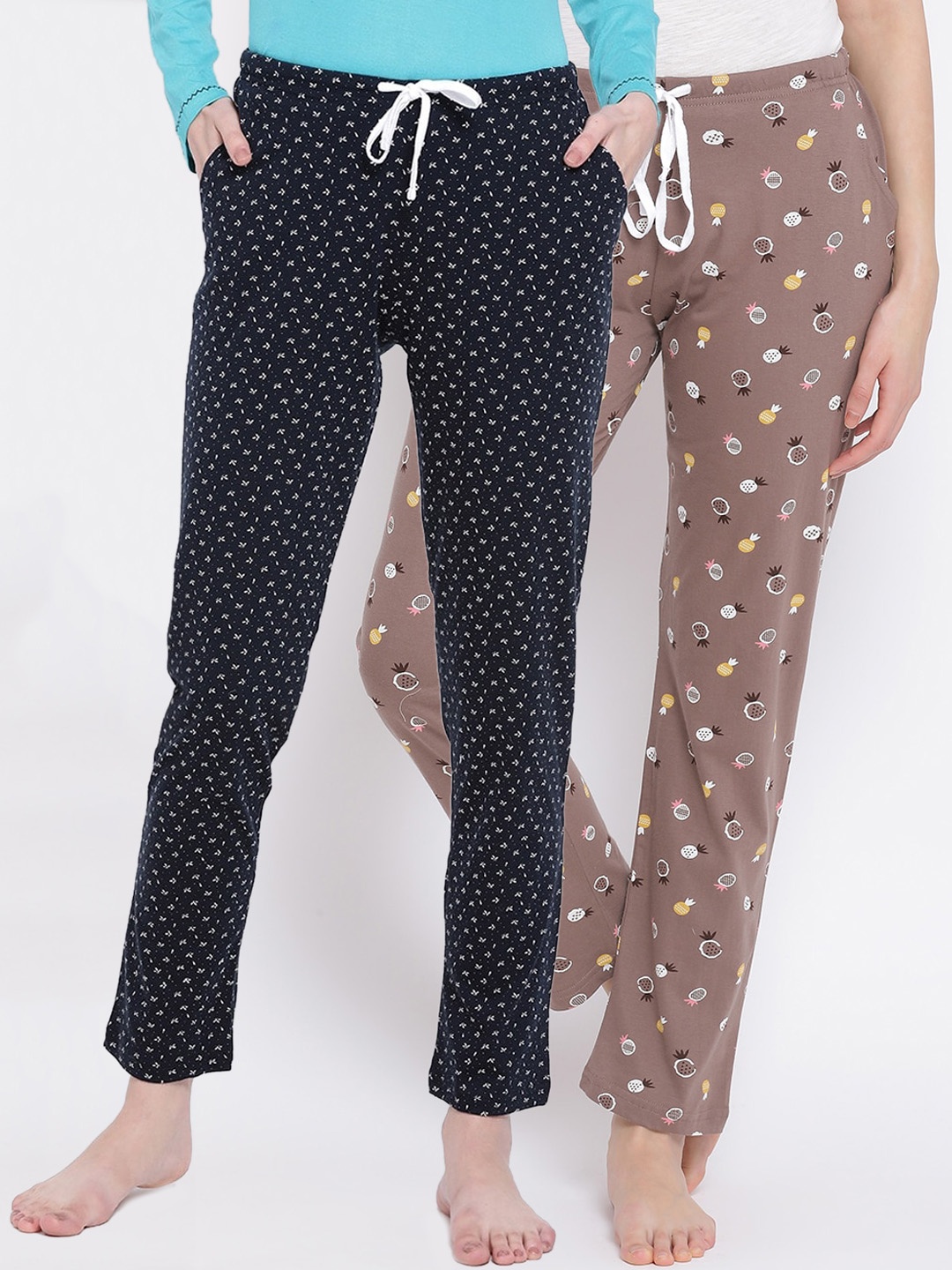 

Kanvin Women Pack Of 2 Printed Pure Cotton Lounge Pants, Brown