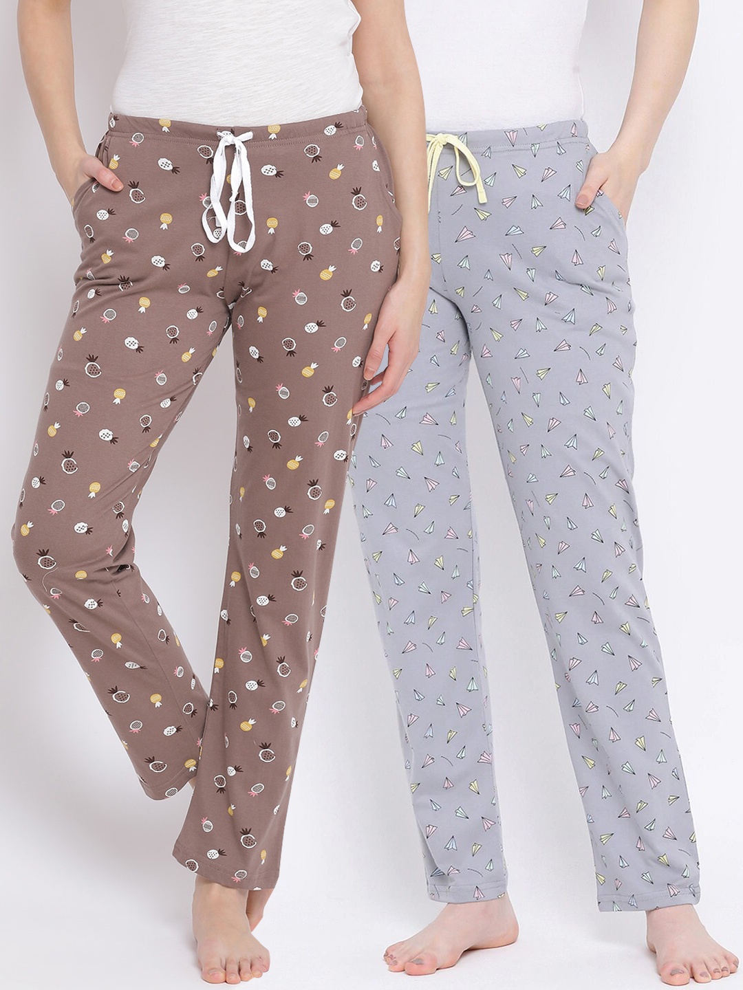 

Kanvin Women Pack of 2 Printed Pure Cotton Lounge Pants, Brown