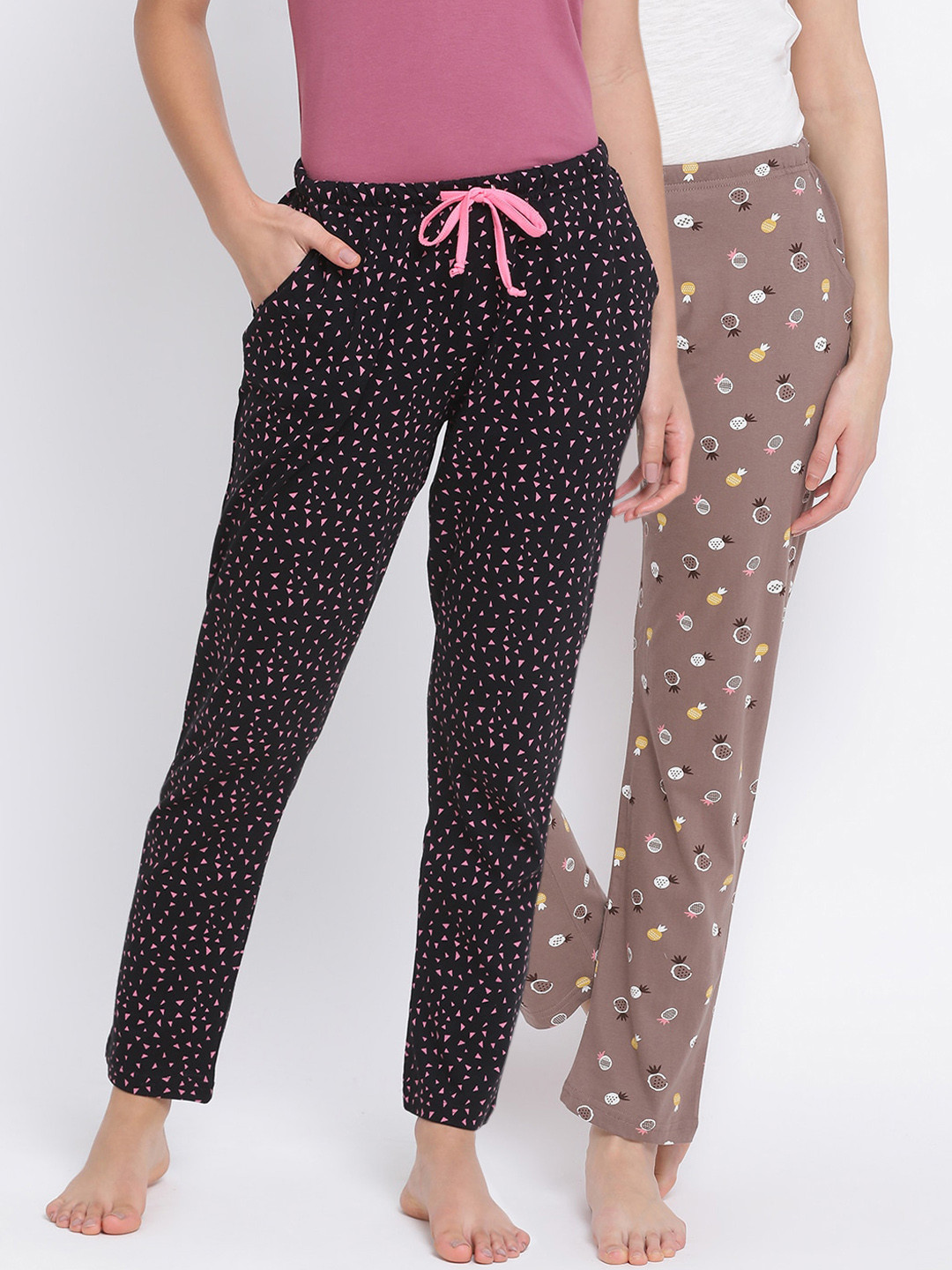 

Kanvin Women Pack of 2 Printed Pure Cotton Lounge Pants, Brown