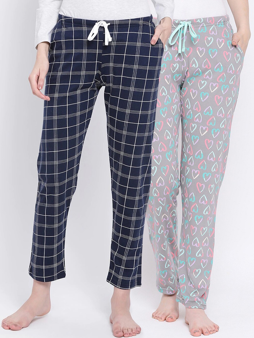 

Kanvin Women Pack of 2 Printed Pure Cotton Lounge Pants, Navy blue