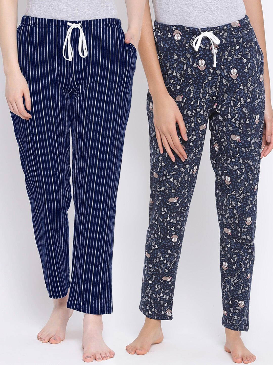 

Kanvin Women Pack of 2 Printed Pure Cotton Lounge Pants, Navy blue