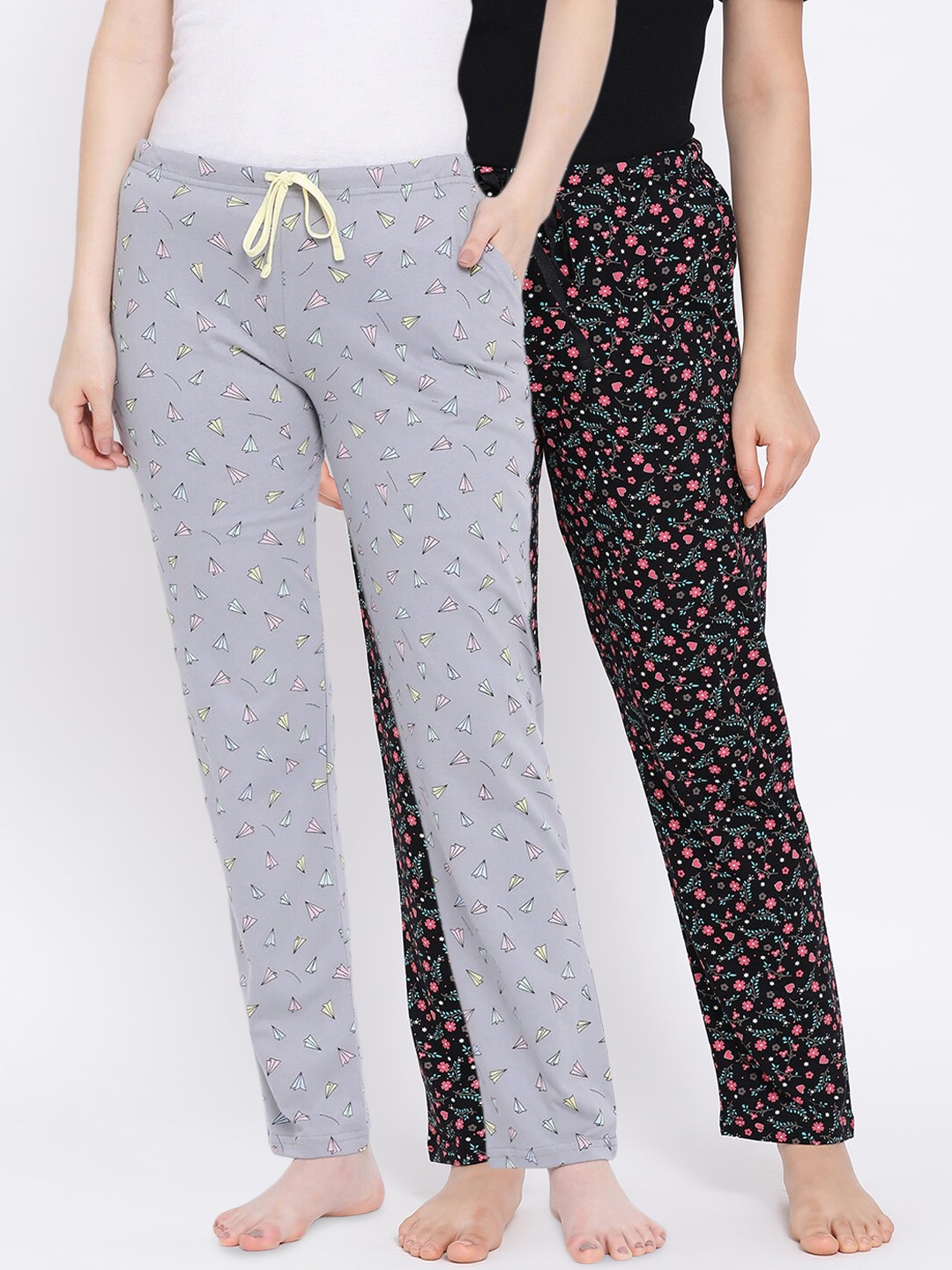 

Kanvin Women Pack of 2 Printed Pure Cotton Lounge Pants, Black