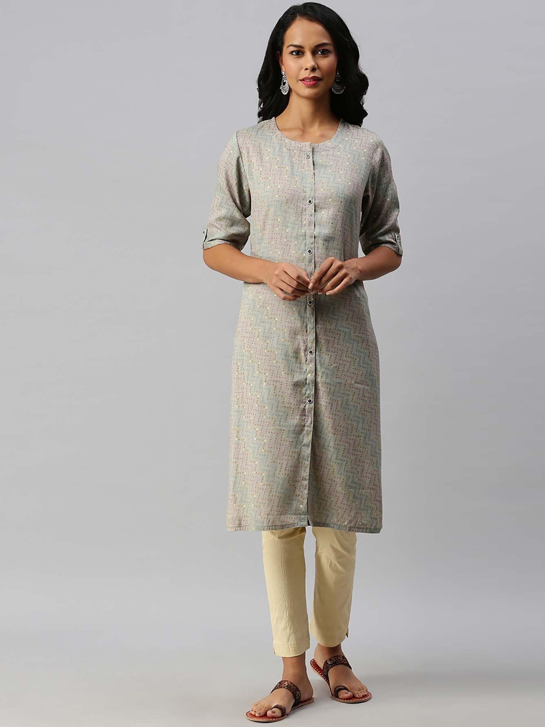 Soch Women Grey Polka Dot Woven Design Cotton Kurta
