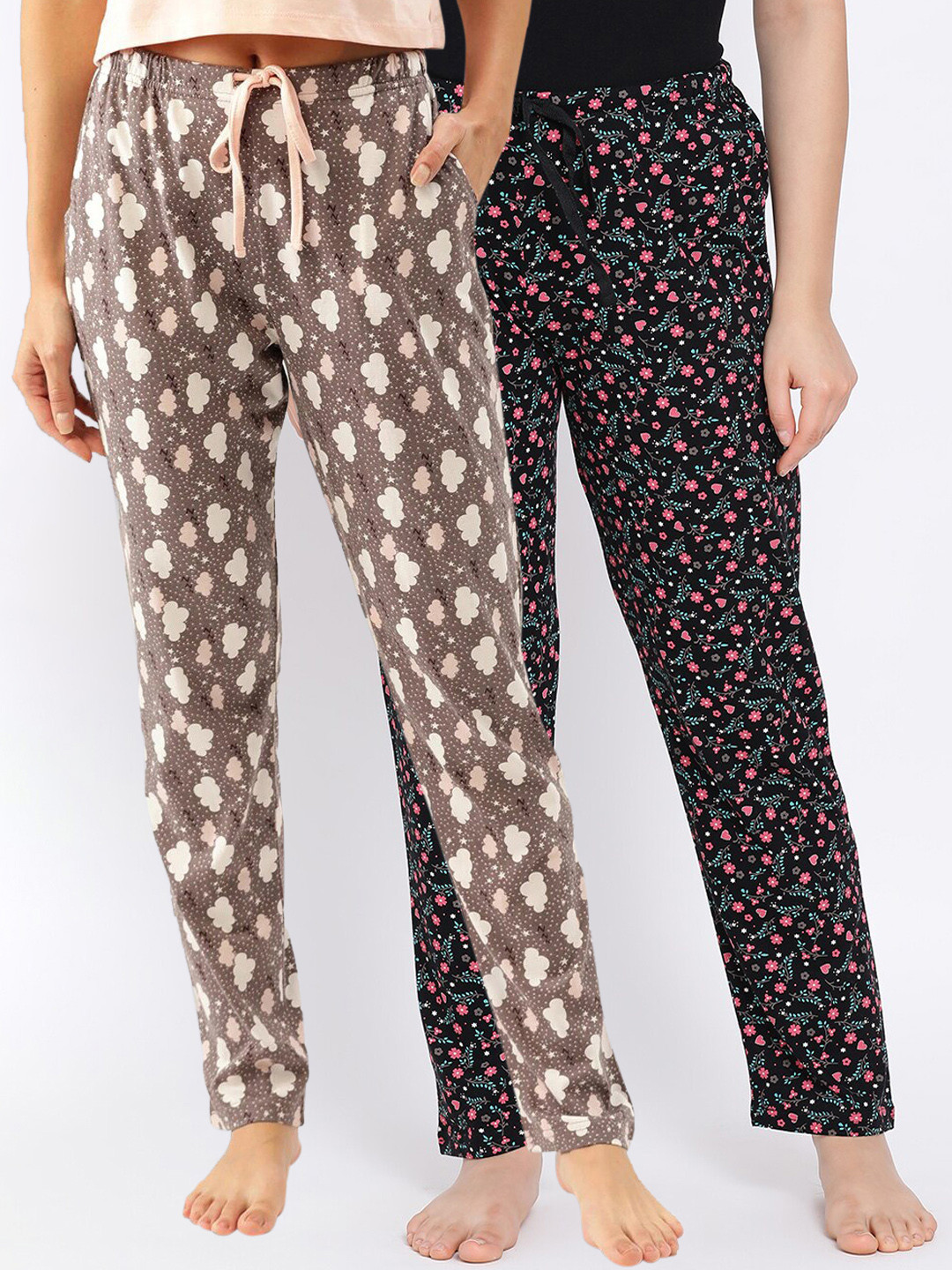 

Kanvin Women Pack Of 2 Printed Pure Cotton Lounge Pants, Black