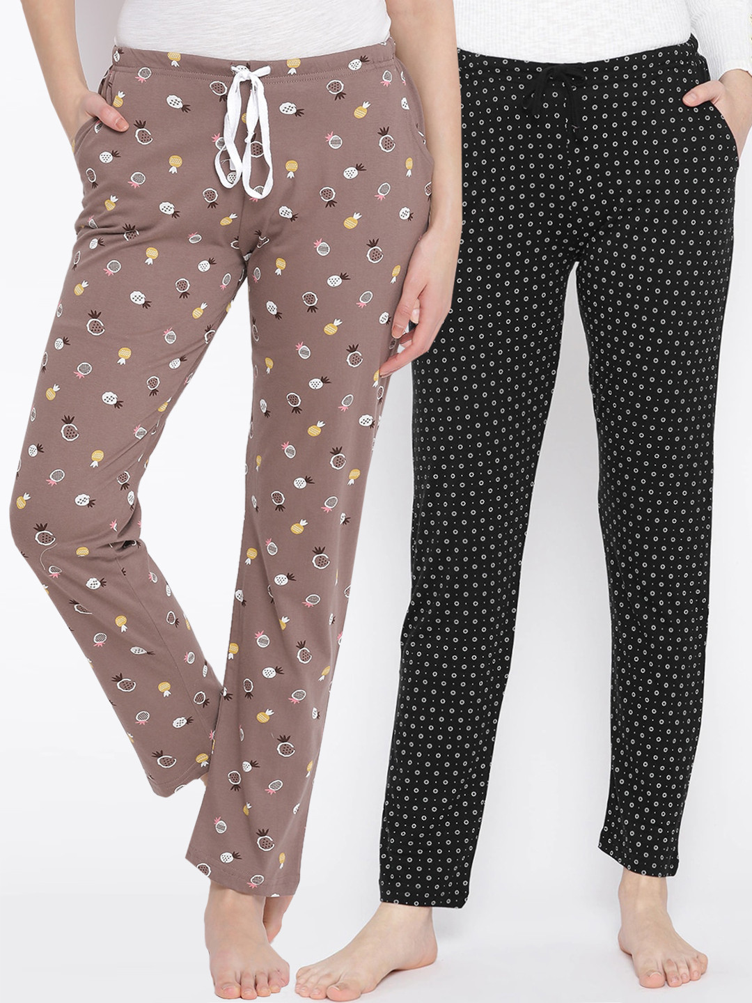 

Kanvin Women Pack of 2 Printed Pure Cotton Lounge Pants, Brown
