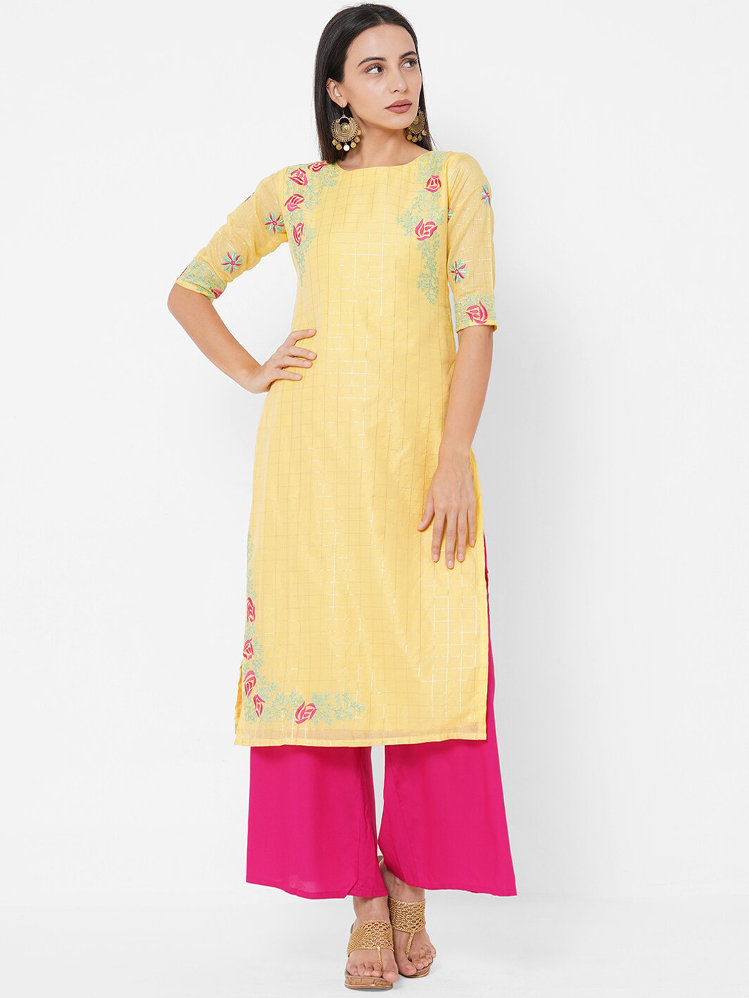 

FASHOR Women Yellow & Pink Embroidered Chanderi Cotton Straight Kurta