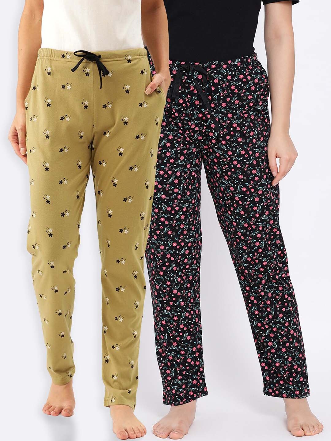 

Kanvin Women Pack of 2 Printed Pure Cotton Lounge Pants, Black