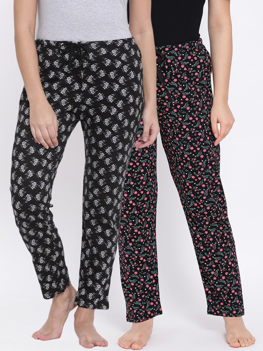 

Kanvin Women Pack Of 2 Floral Printed Pure Cotton Lounge Pants, Black