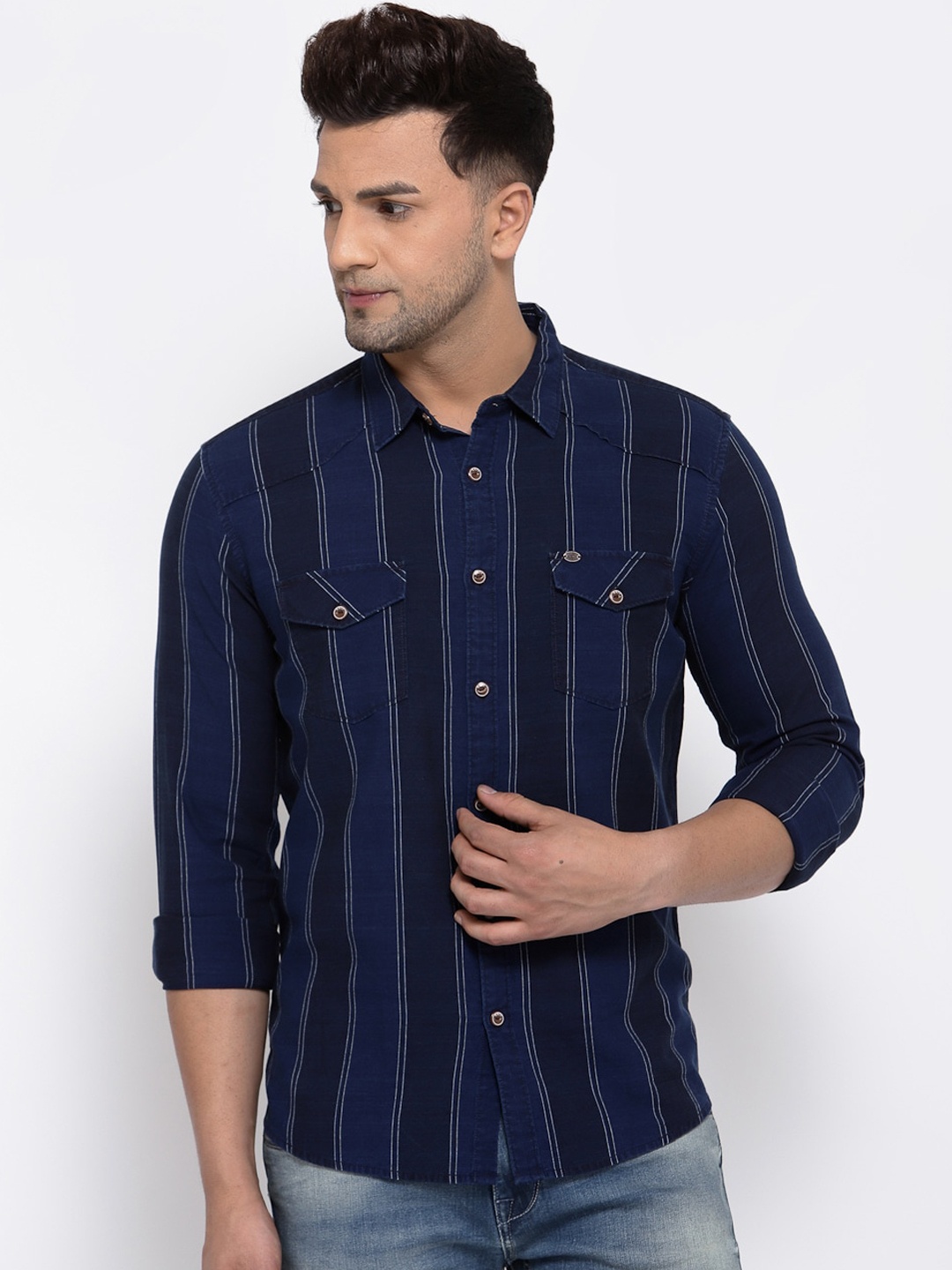 

Pepe Jeans Men Navy Blue & White Striped Pure Cotton Regular Fit Casual Shirt
