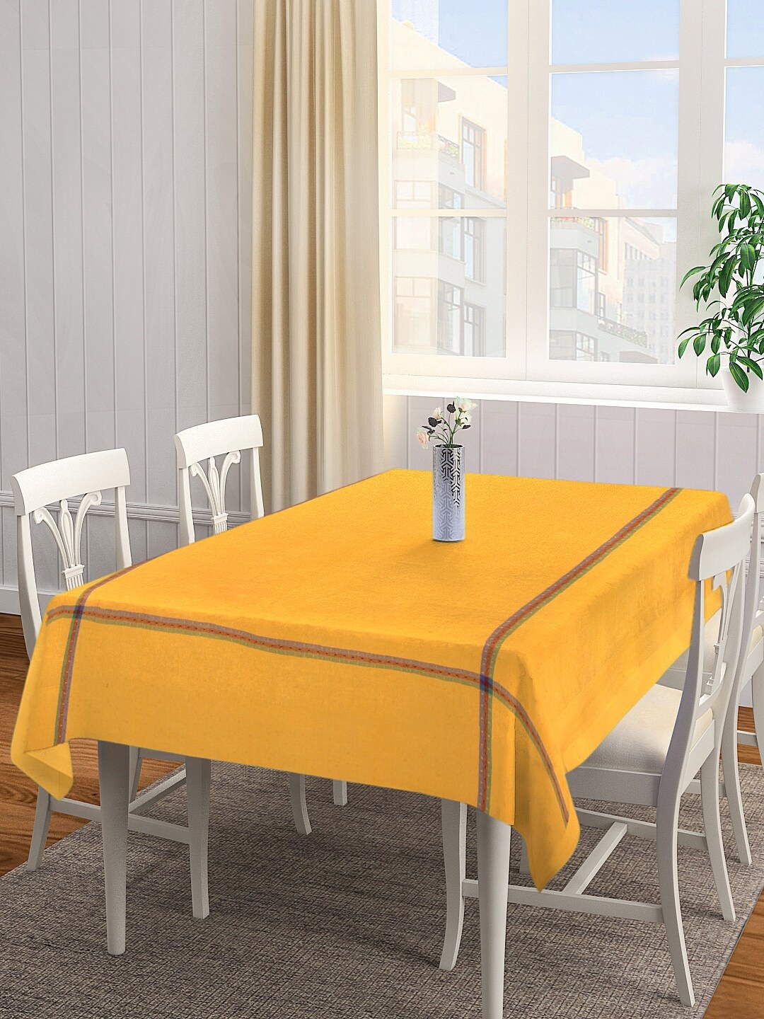 KLOTTHE Yellow Woven Design Cotton Rectangular Table Cover