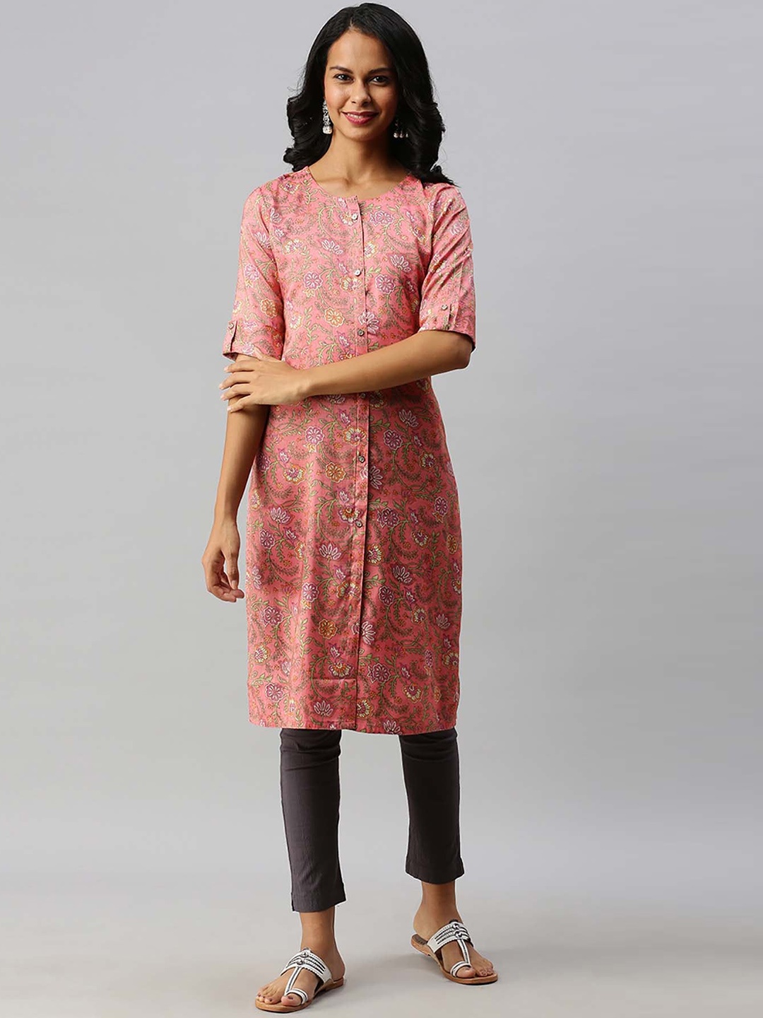 

Soch Women Pink & Off White Floral Printed Straight Kurta