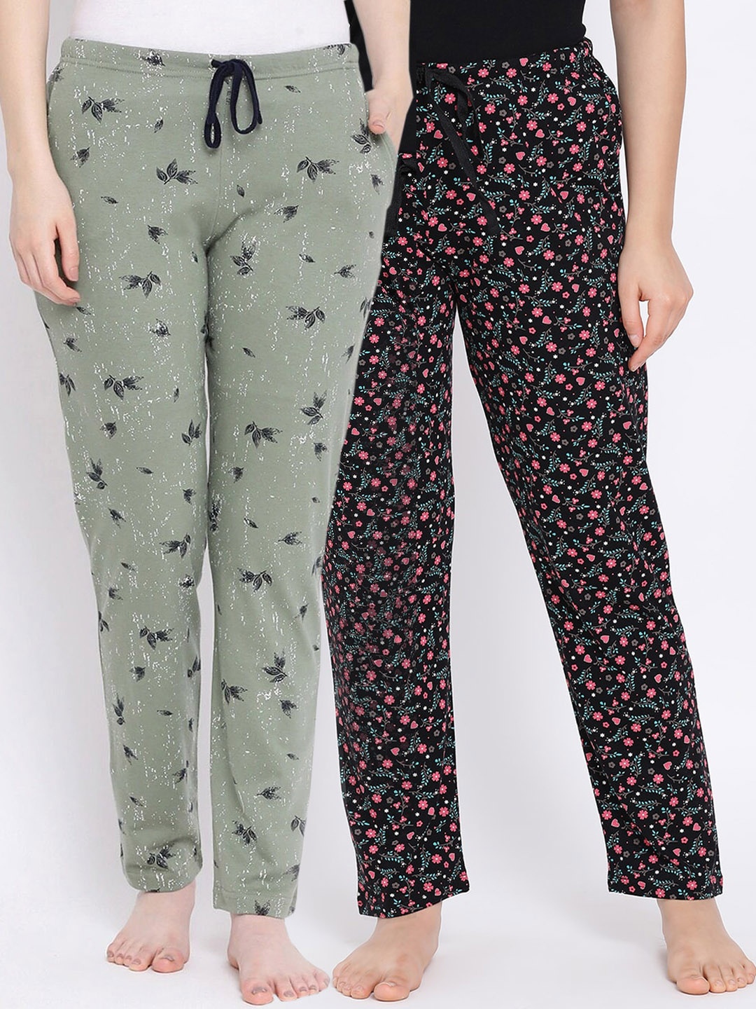 

Kanvin Women Pack Of 2 Printed Pure Cotton Lounge Pants, Black