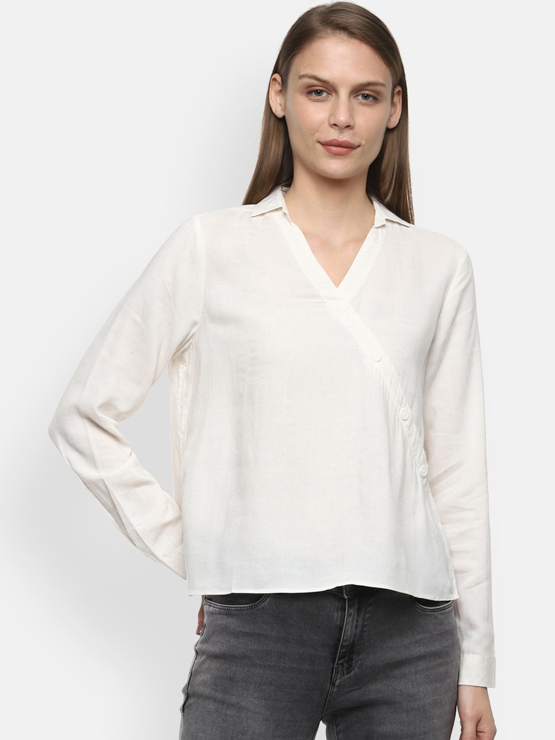 

Van Heusen Woman White Solid Modal Linen Wrap Top