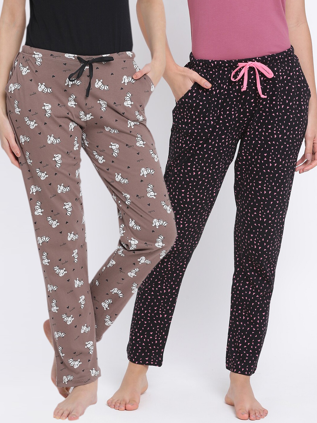 

Kanvin Women Pack of 2 Printed Pure Cotton Lounge Pants, Brown