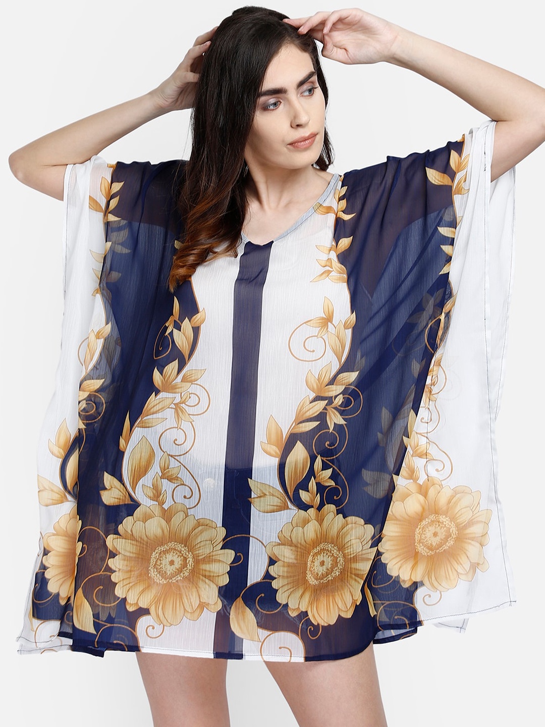 

Aditi Wasan White & Navy Blue Floral Kaftan Mini Dress