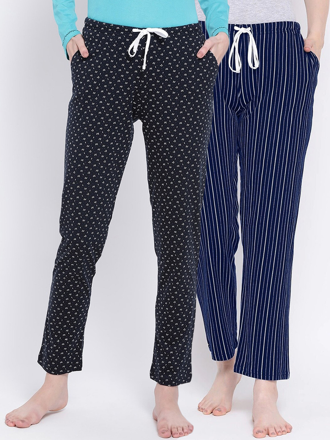 

Kanvin Women Pack Of 2 Printed Pure Cotton Lounge Pants, Navy blue