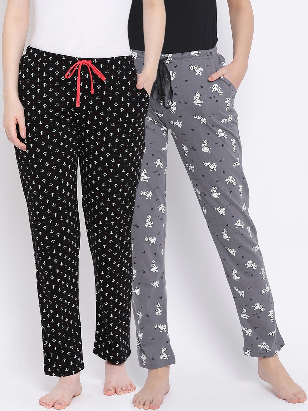 

Kanvin Women Pack Of 2 Printed Pure Cotton Lounge Pants, Grey