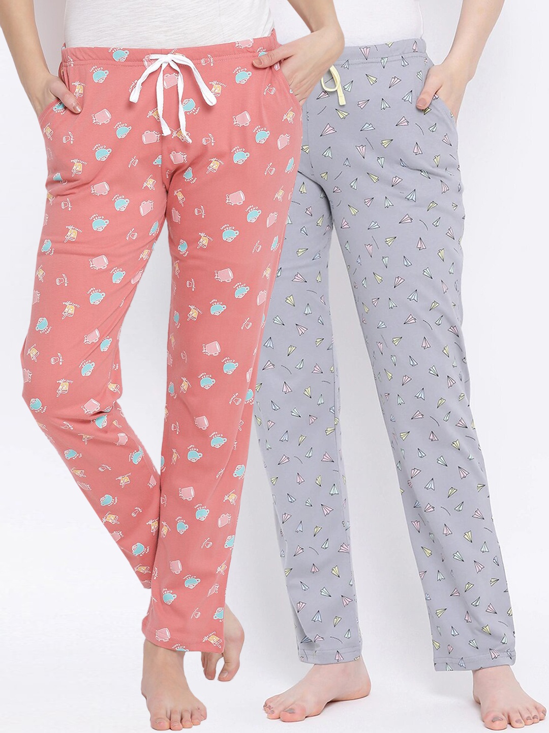 

Kanvin Women Pack Of 2 Printed Pure Cotton Lounge Pants, Orange