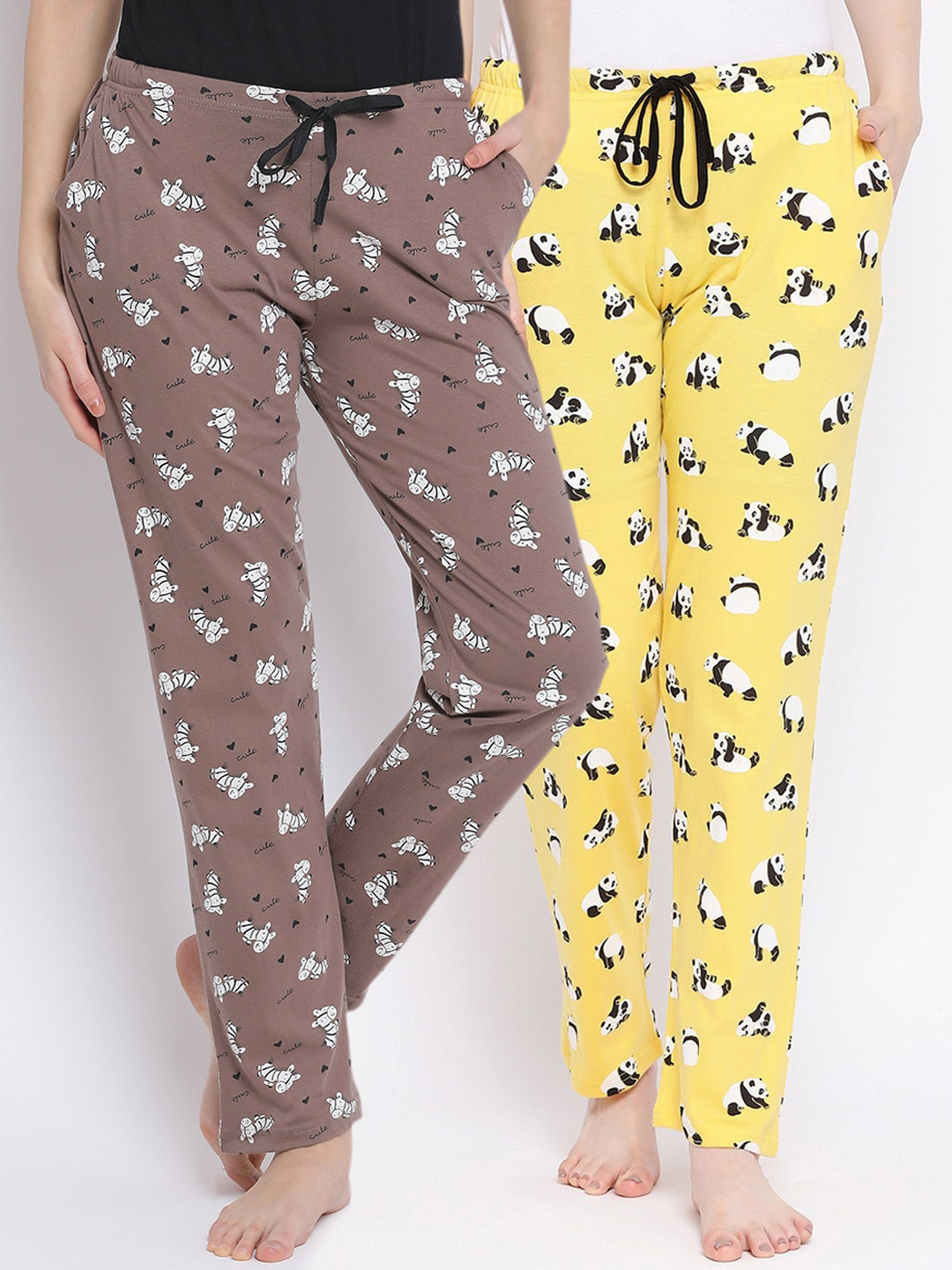 

Kanvin Women Pack Of 2 Printed Pure Cotton Lounge Pants, Brown