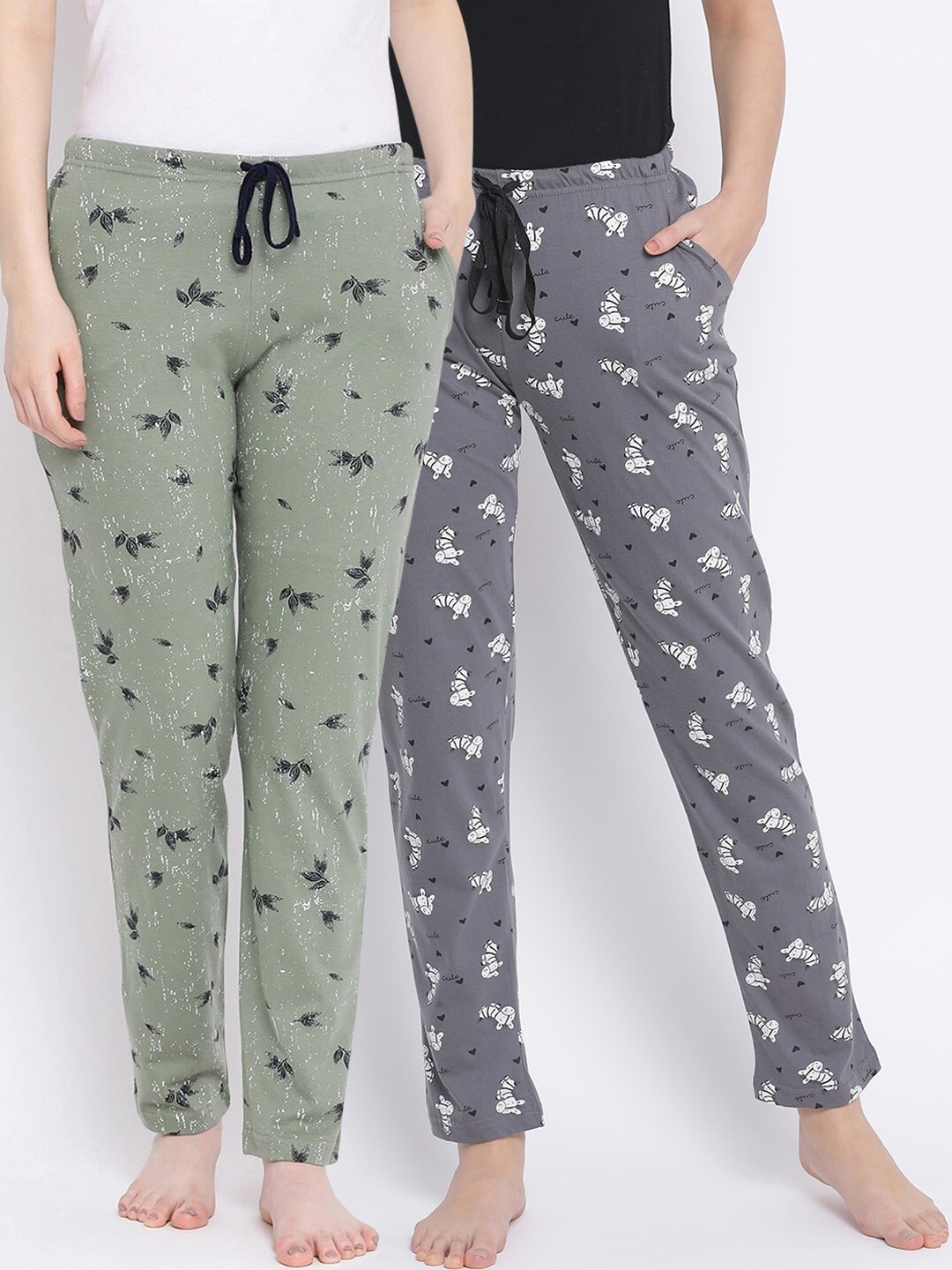 

Kanvin Women Pack Of 2 Printed Pure Cotton Lounge Pants, Grey
