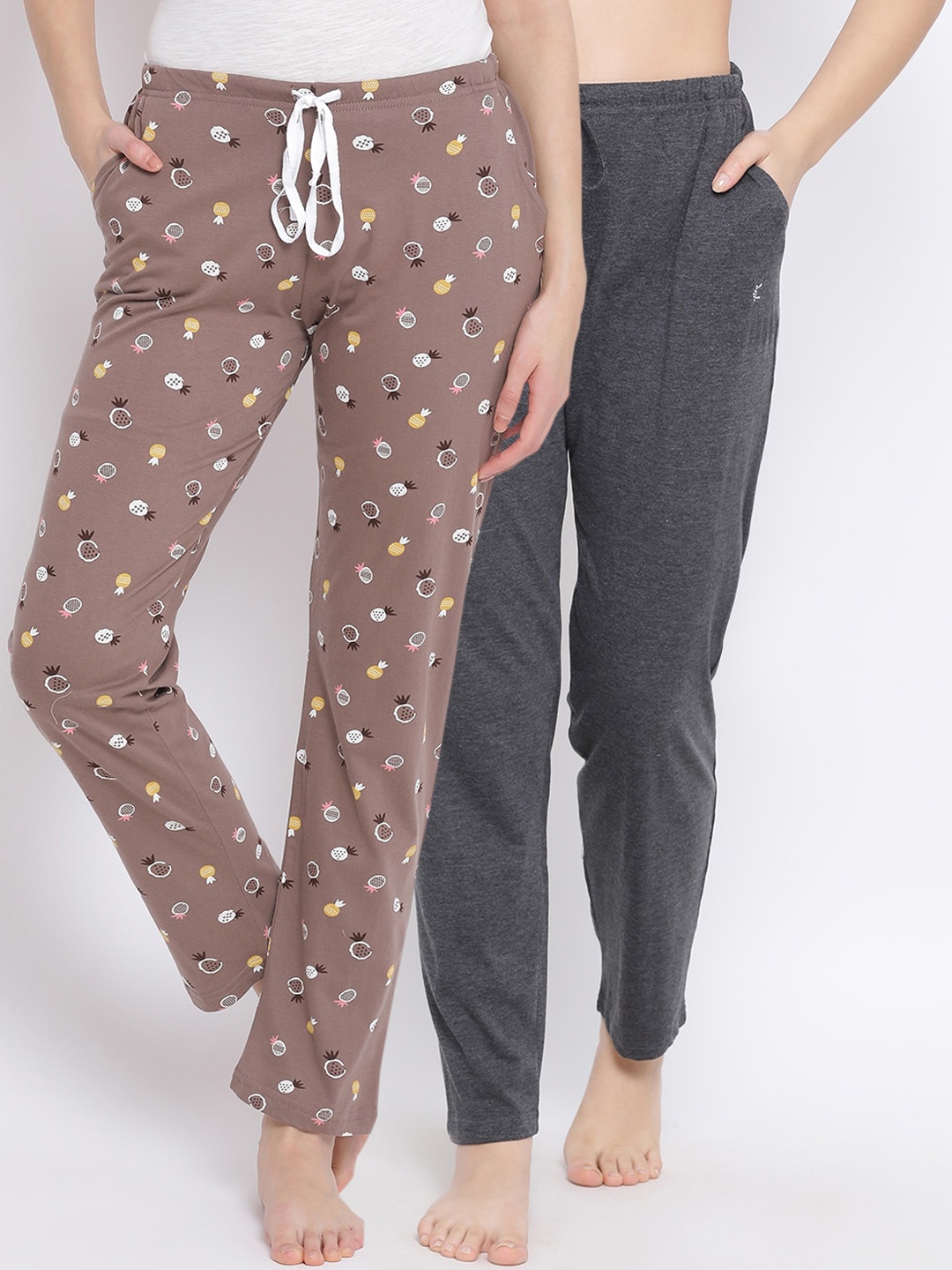 Kanvin Women Pack Of 2 Printed Pure Cotton Lounge Pants, Taupe