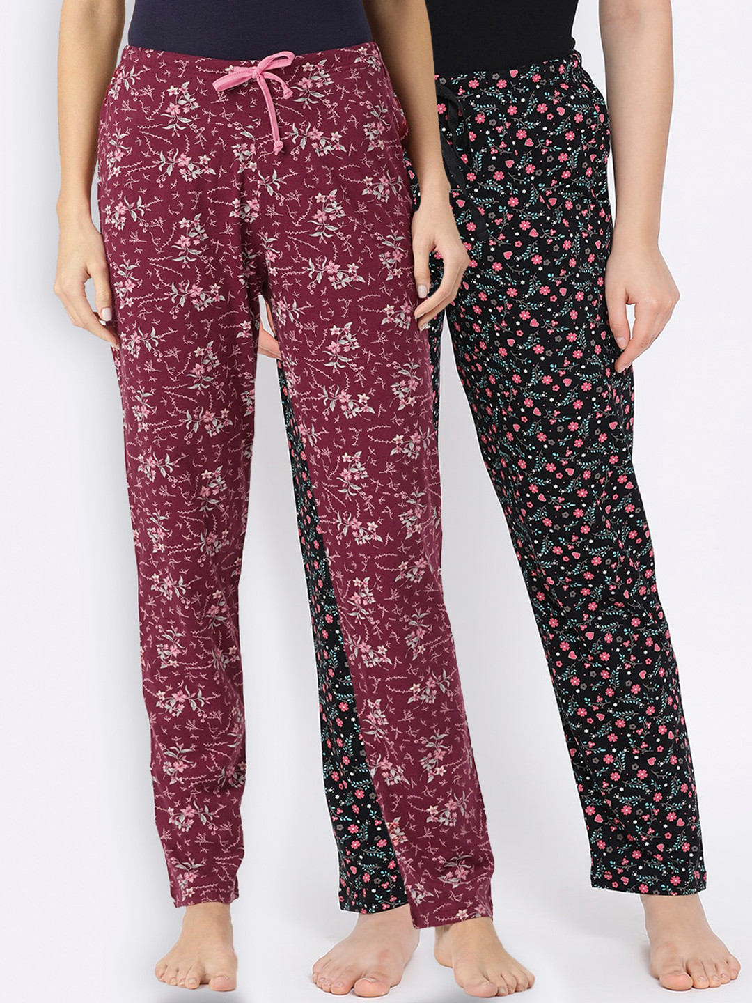

Kanvin Women Pack Of 2 Printed Pure Cotton Lounge Pants, Black