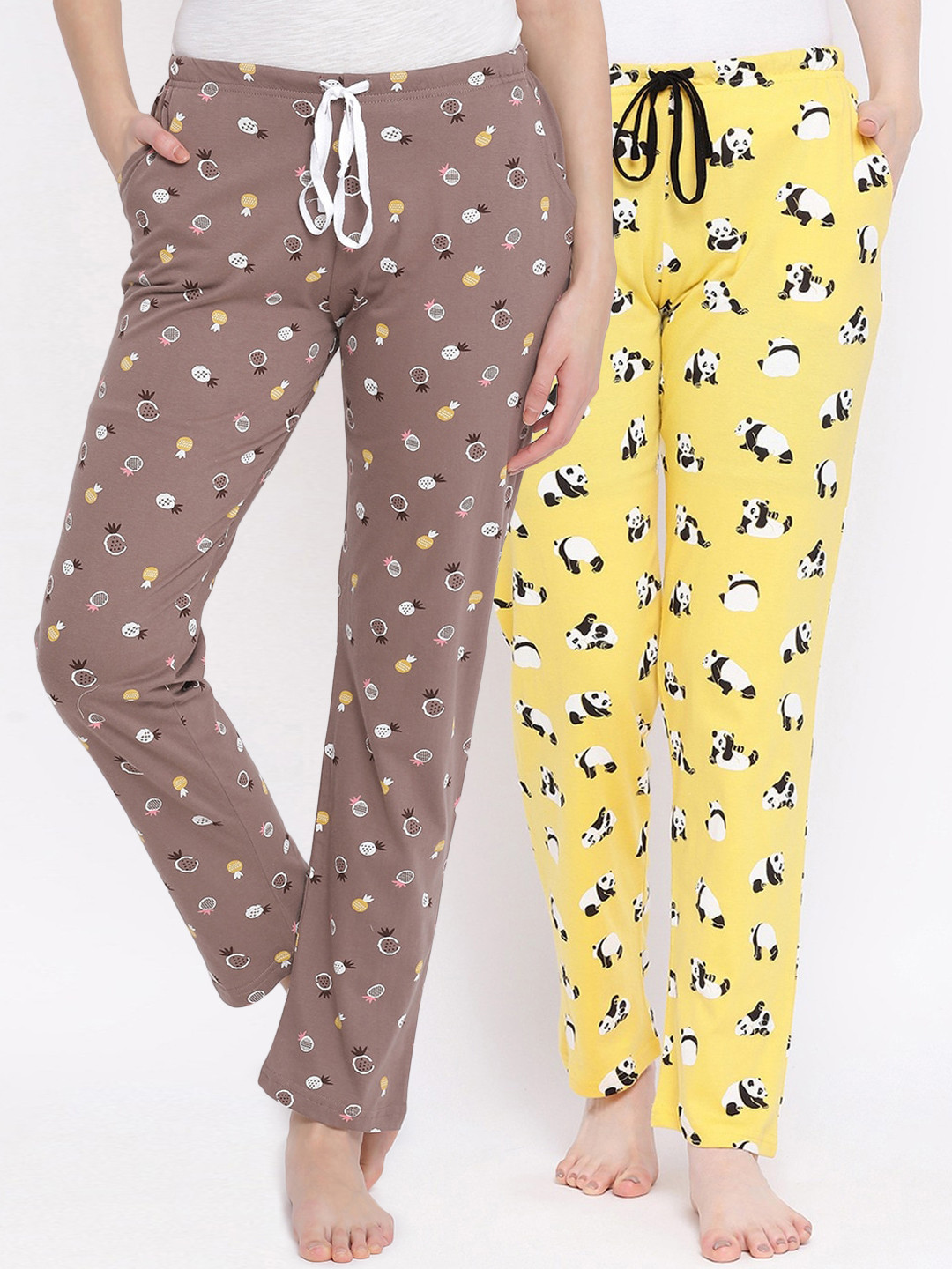 

Kanvin Women Pack Of 2 Printed Pure Cotton Lounge Pants, Brown