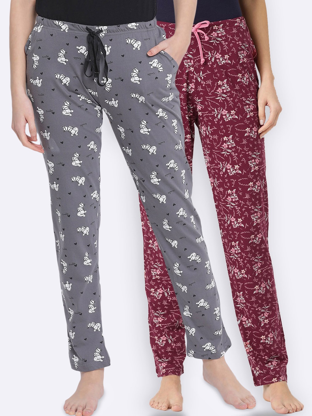 

Kanvin Women Pack Of 2 Printed Pure Cotton Lounge Pants, Grey