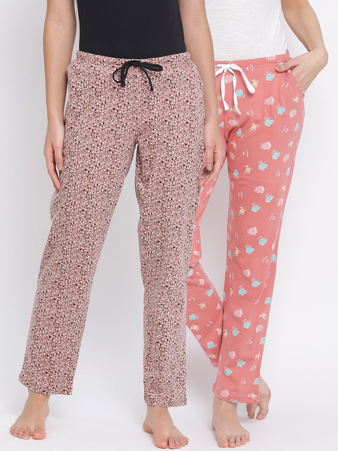 

Kanvin Women Pack of 2 Printed Pure Cotton Lounge Pants, Coral
