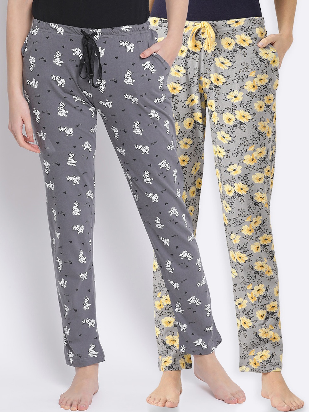 

Kanvin Women Pack Of 2 Printed Pure Cotton Lounge Pants, Grey