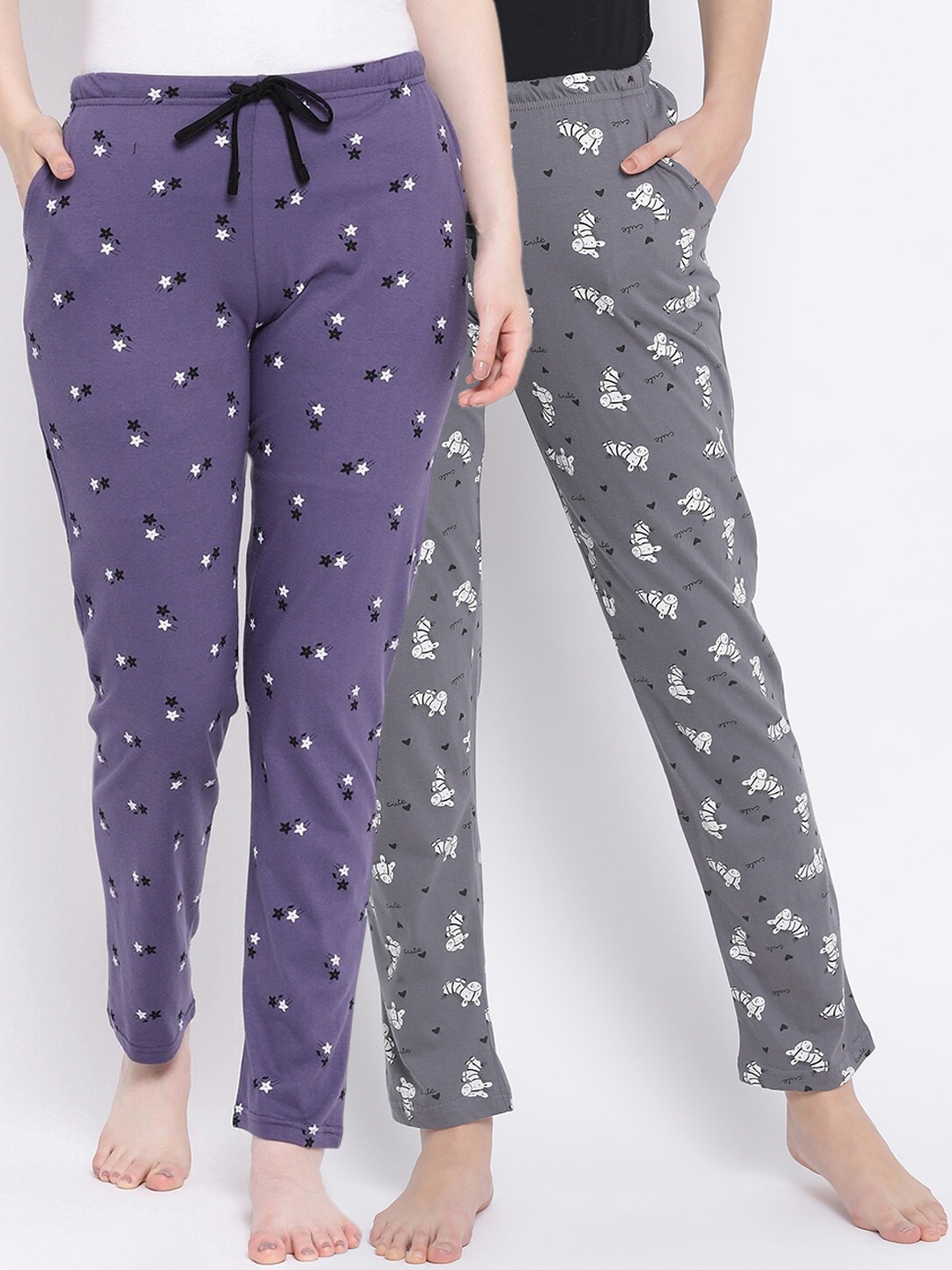 

Kanvin Women Pack Of 2 Printed Pure Cotton Lounge Pants, Grey