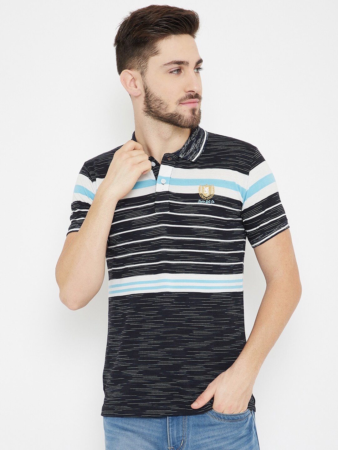 Duke Men Black & White Striped Slim-Fit Cotton Polo Collar T-shirt