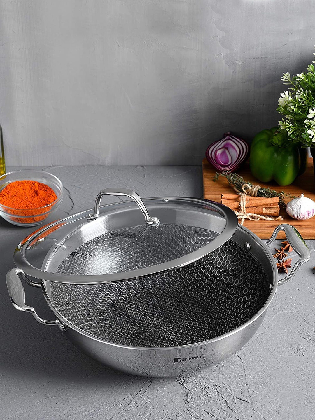 

Bergner Hitech TriPly Non-Stick 20 cm (1.5 L) Induction Bottom Kadhai with Lid, Silver
