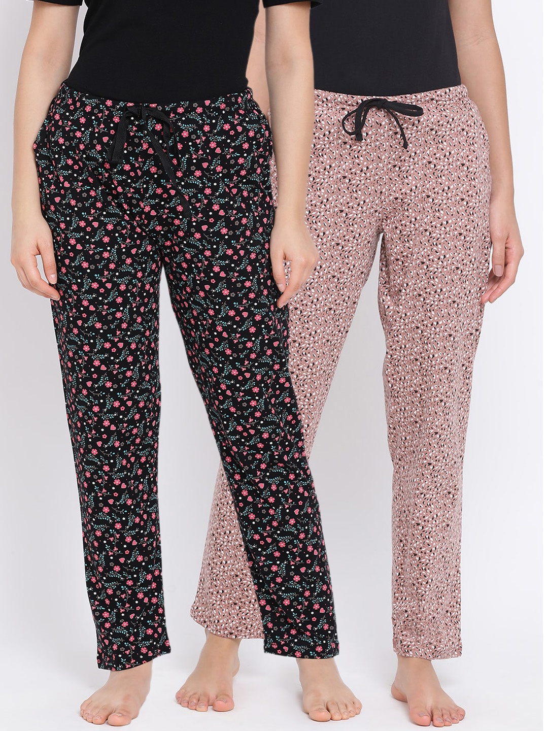 

Kanvin Women Pack of 2 Printed Pure Cotton Lounge Pants, Black