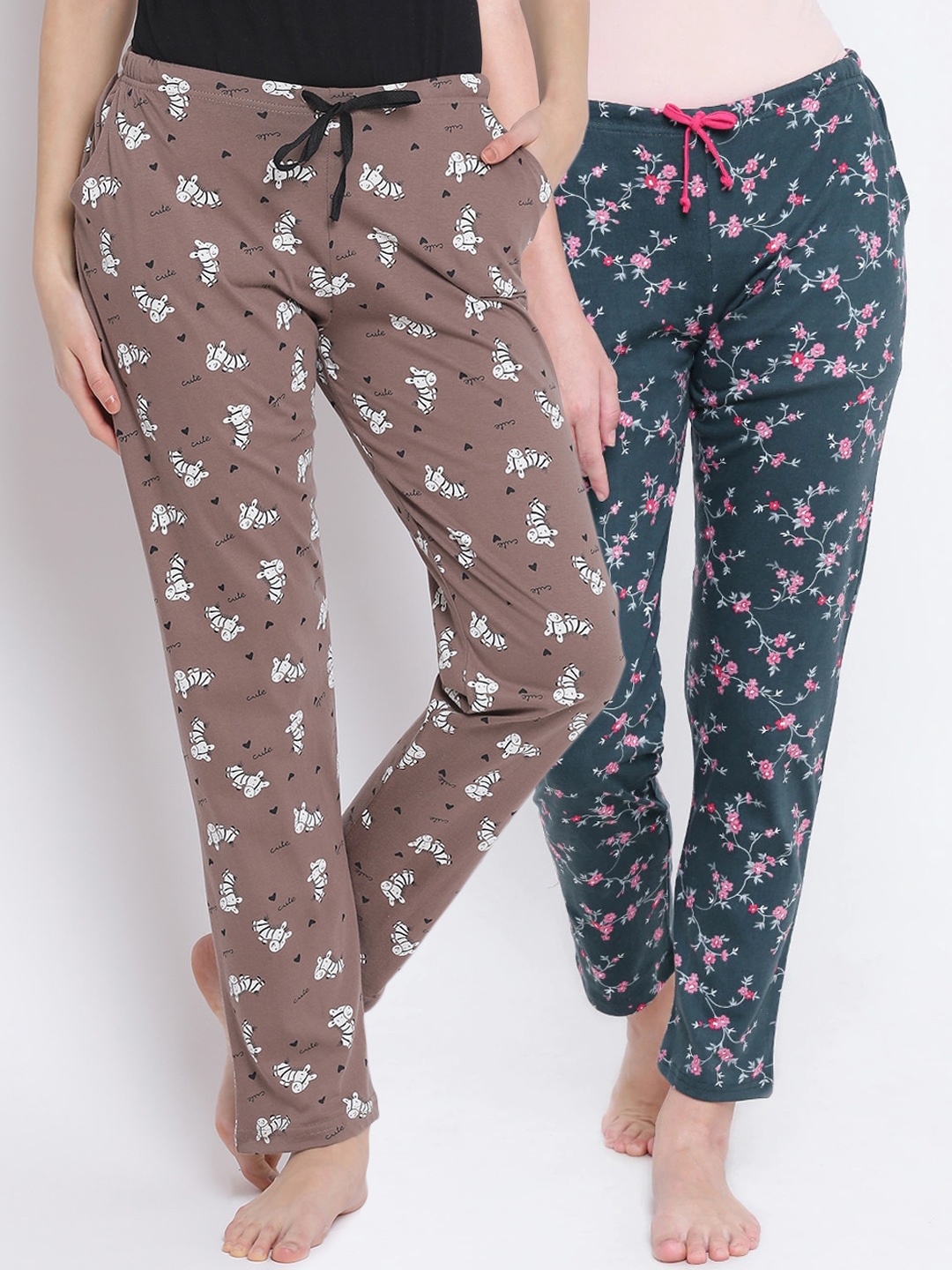 

Kanvin Women Pack Of 2 Printed Pure Cotton Lounge Pants, Brown