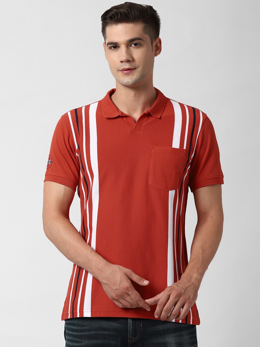 

Peter England Casuals Men Red & White Striped Polo Collar T-shirt
