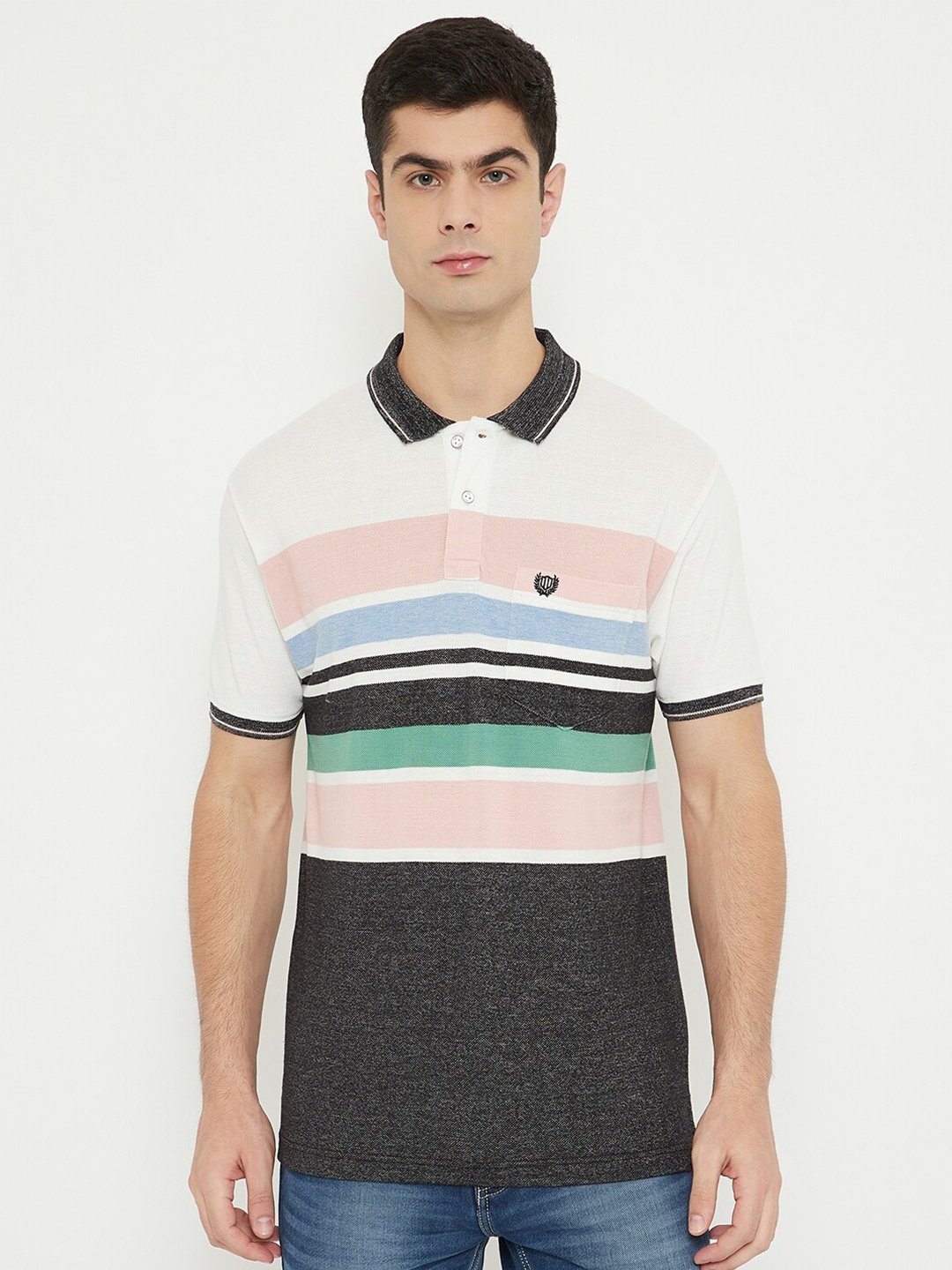 Duke Men Charcoal Grey & Pink Striped Cotton Polo Collar T-shirt