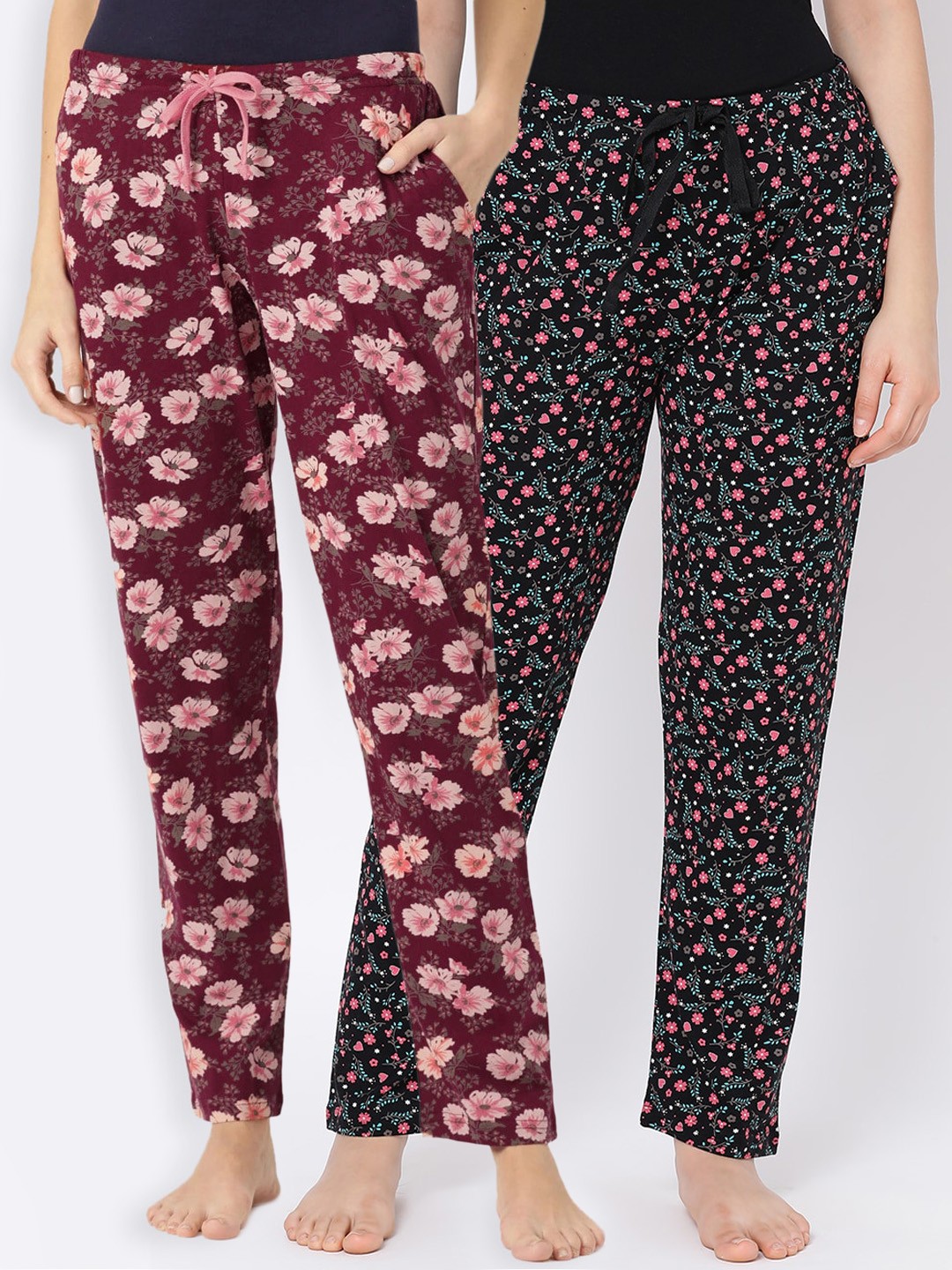 

Kanvin Women Pack Of 2 Printed Pure Cotton Lounge Pants, Black