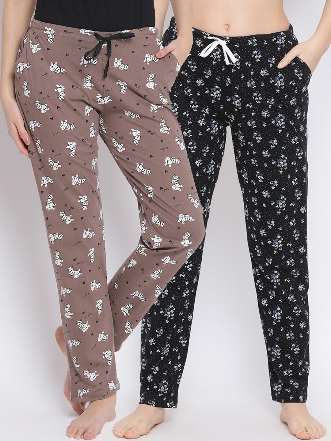 

Kanvin Women Pack of 2 Printed Pure Cotton Lounge Pants, Brown